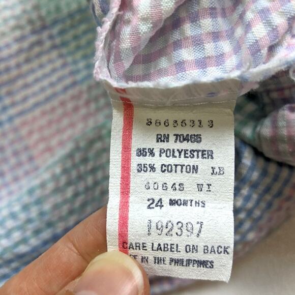 Vintage Pants Girls Size 24m Pastel Plaid Suspender Seersucker Overalls - Picture 4 of 4